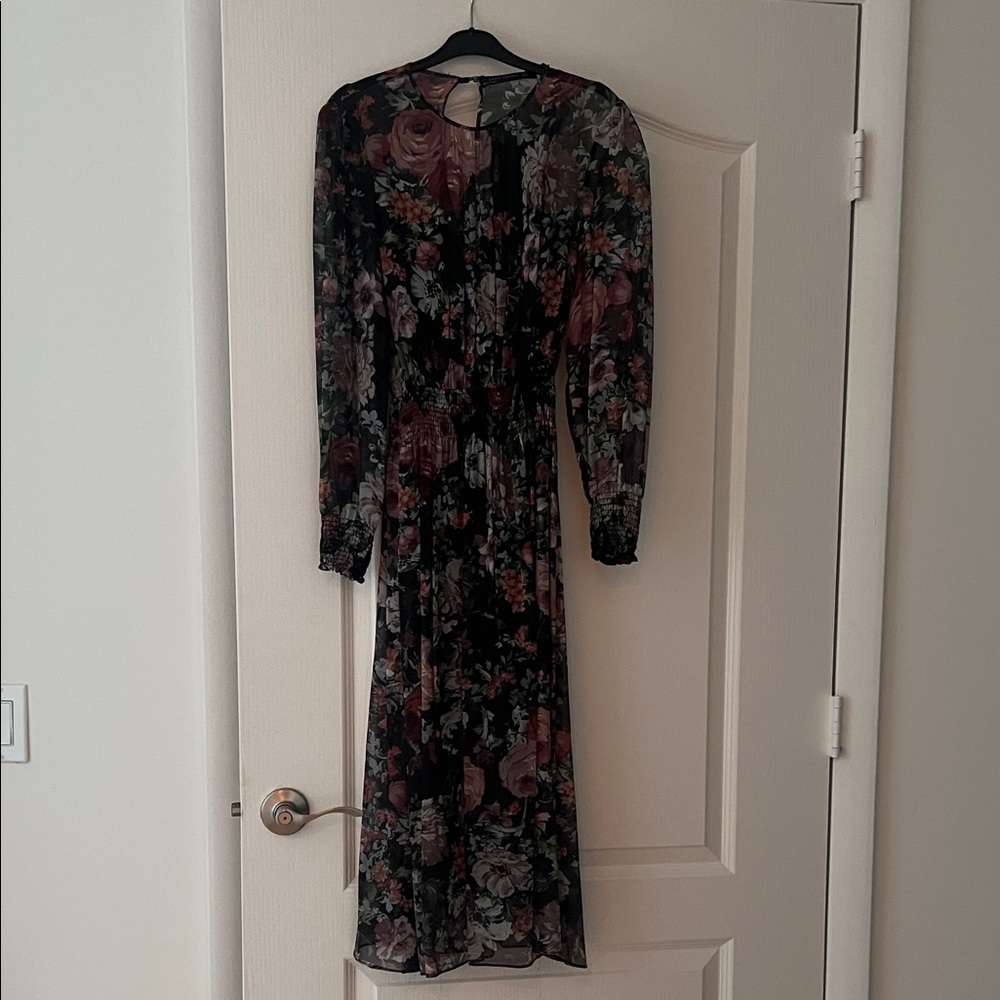 Zara Black and Pink Floral Long Sleeve Dress